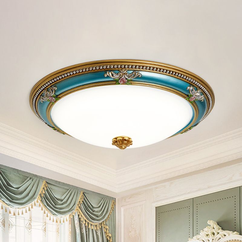 LED Flush Ceiling Lighting with Dome Shade White Glass Farmhouse Bedroom Flush Mount in Blue, 15"/18"/20.5" Width