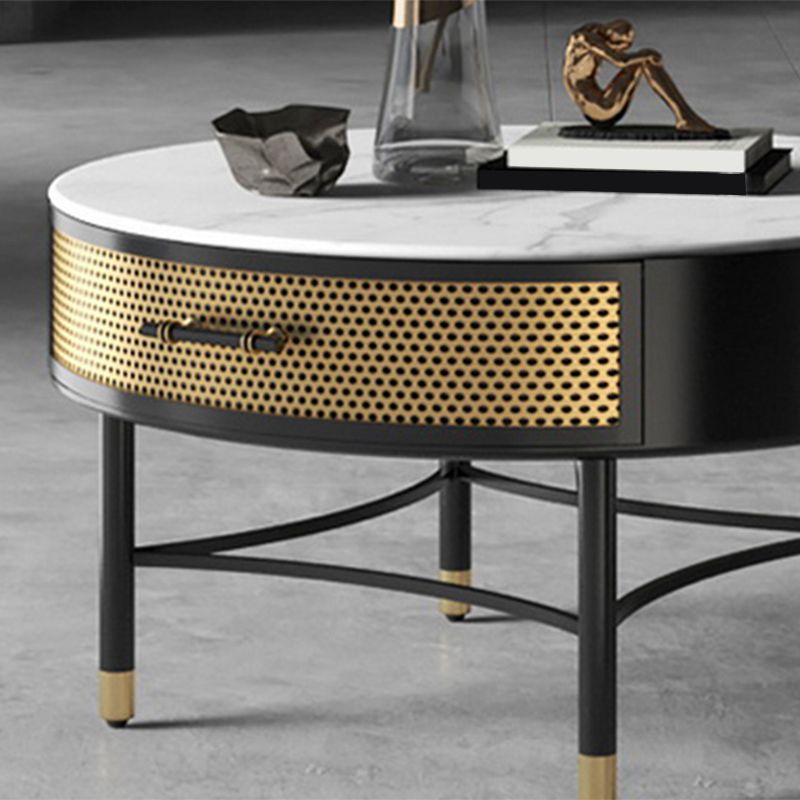 Luxurious Slate Round Top Coffee Table Set with Storage Drawer