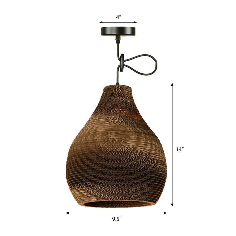 Contemporary Dome/Bowl Shade Suspension Light 1 Head Corrugated Paper Pendant Lamp in Brown