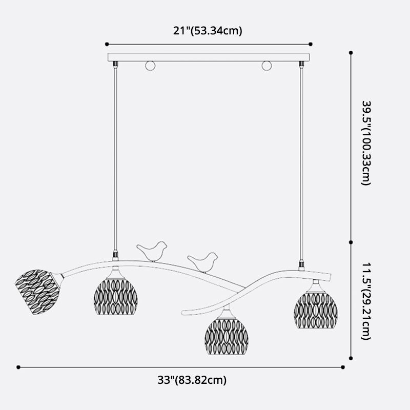 4 Lights Brass Branch Shaped Island Light Pineapple Texture Glass Shade Modern Style Dining Room Lighting Fixture with Ceramic Bird Decoration