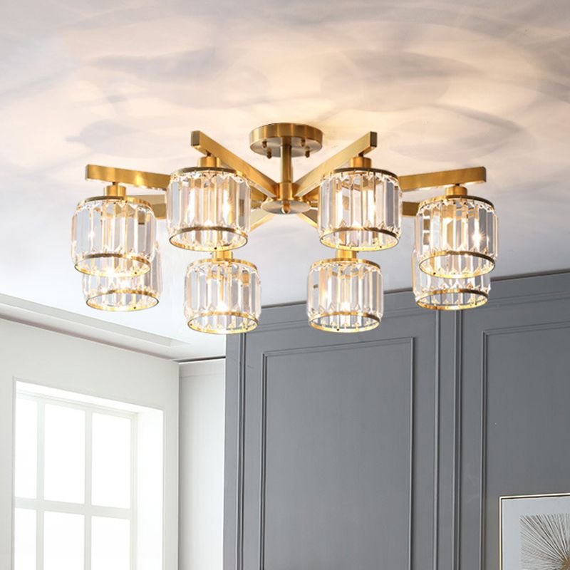 Radial Metallic Semi Flush Light Modern Gold Ceiling Flush Mount with Cylinder Tri-Prism Crystal Shade