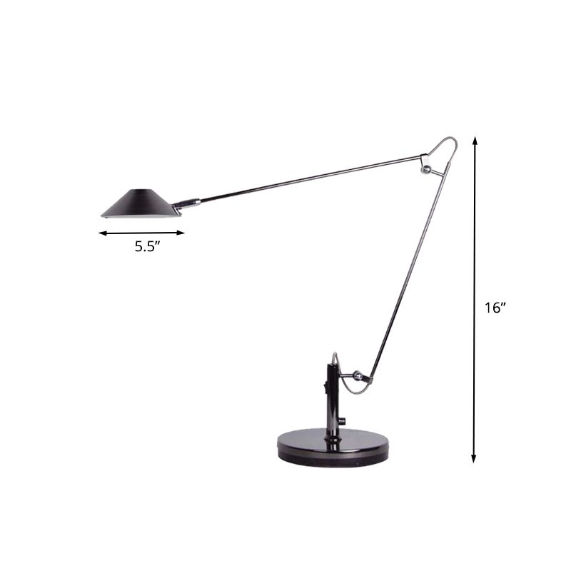 Éclairage de table conique noire Lampe de tâche de bureau LED en métal industriel avec bras long réglable