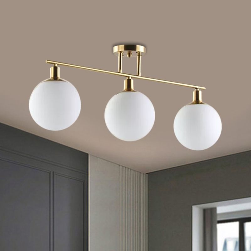 Post Modern Orb Shade Linear Chandelier Milk Glass 2/3 Heads Gold Finish Hanging Pendant Light