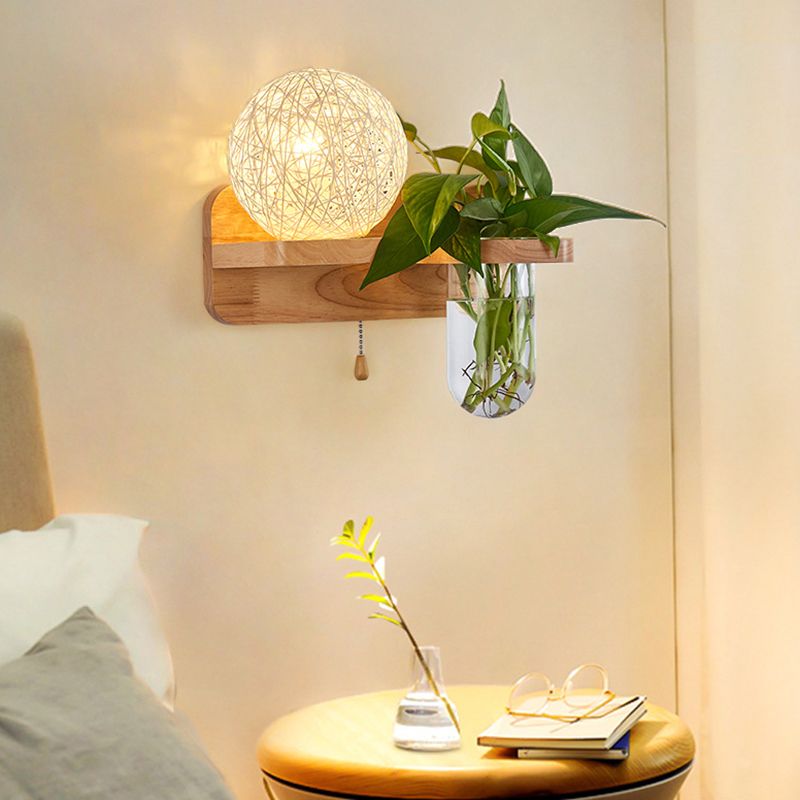 1-Light Rattan Wall Light Fixture Nordic Ball Living Room Sconce Lamp with Pull Chain and Plant Pot