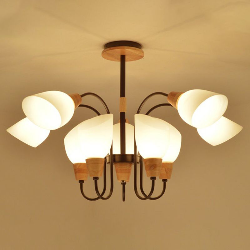 Tulip Flower Restaurant Chandelier Cream Glass Nordic Style Pendant Light in Black and Wood