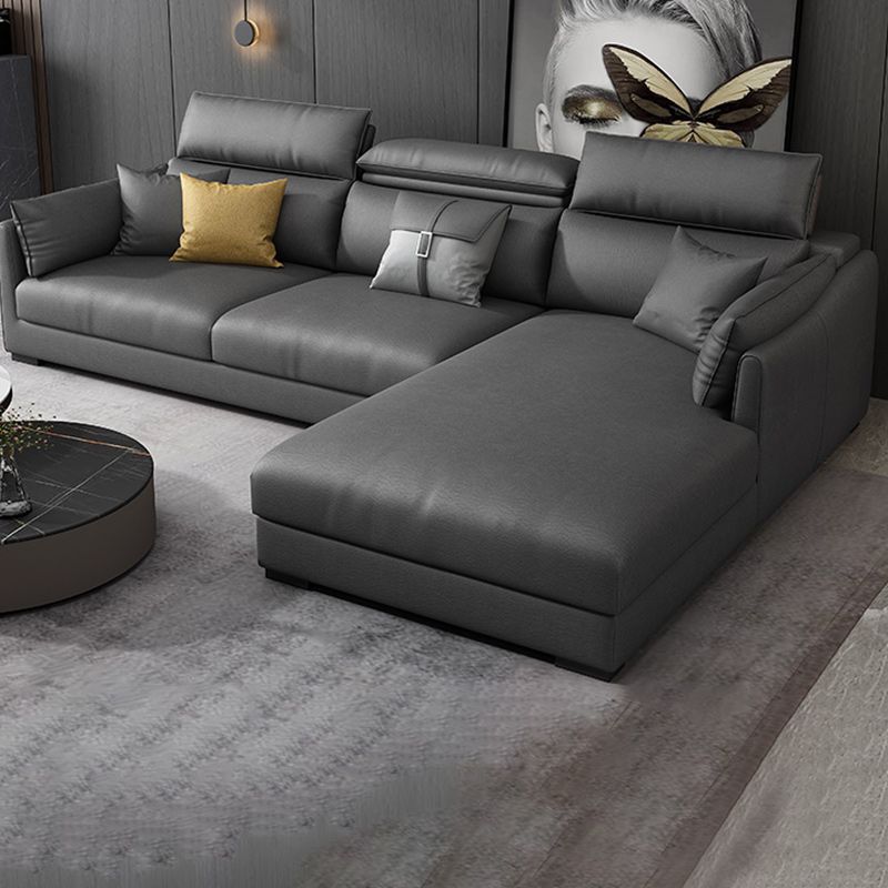 Modern Faux Leather Sofa & Chaise 68.90" D Square Arm Sofa in Dark Grey