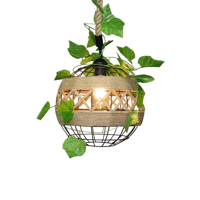 1-Light Iron Plant Hanging Lamp Vintage Beige Globe Restaurant Lighting Pendant with Rope Detail