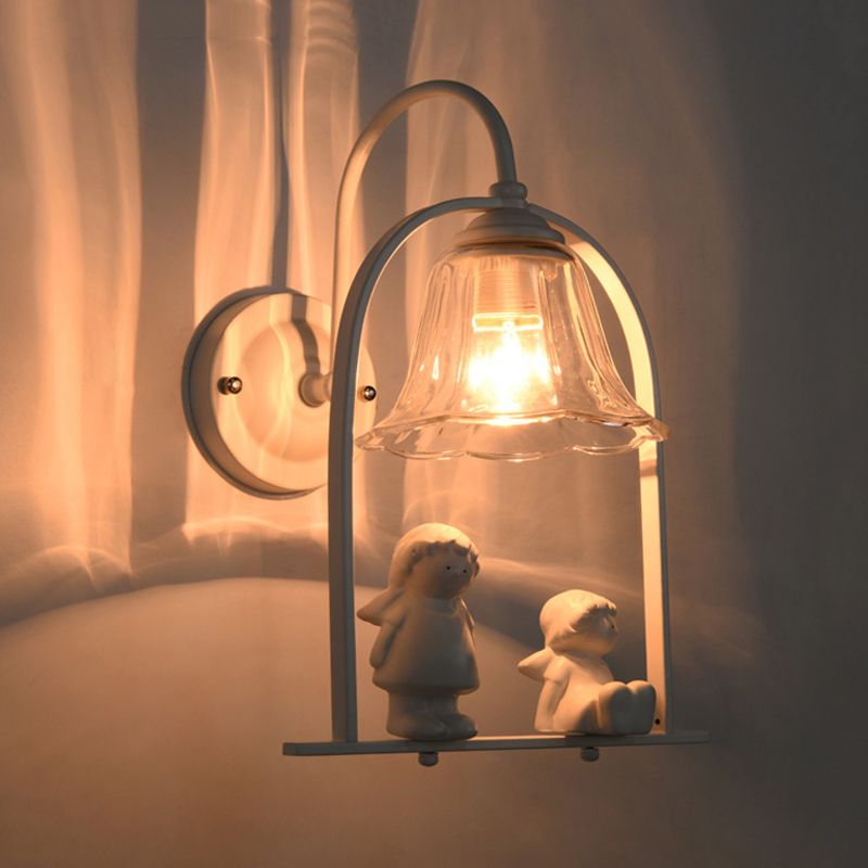 White Arched Frame Pendulum Light Nordic 1 Head Iron Pendant Lighting with Flower Glass Shade and Resin Angel Deco