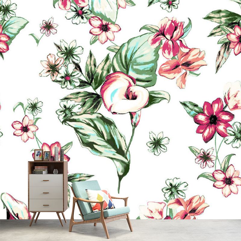 Tropics Flower Sleeping Flamingo Murals Red-Green Stain Resistant Wall Decor for Home