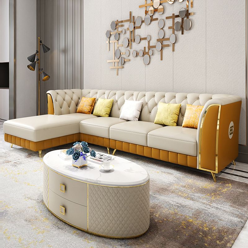 Genuine Leather Luxurious Sectional Tufted Back Sofa & Chaise with 5 Pillows