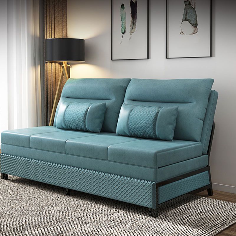 Faux Leather Convertible Sofa with Pillows Armless Seating in Azure