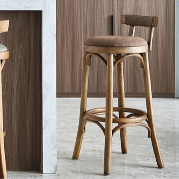Industrial Upholstered Round Stool Low Back Wood Barstool for Living Room
