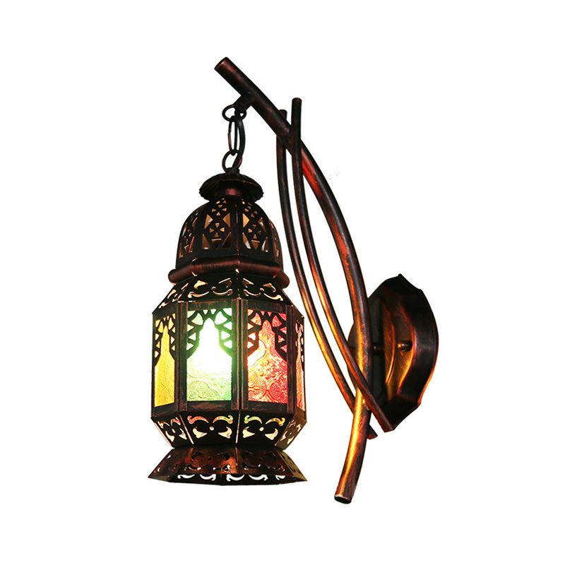 Moroccan Carved Lantern Wall Lamp 1 Bulb Stained Art Glass Wall Mounted Light Fixture in Copper