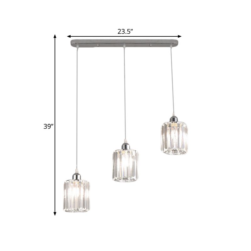 3-Light Restaurant Multi Light Ceiling Light Minimal Chrome Pendant with Cylinder Clear Crystal Shade