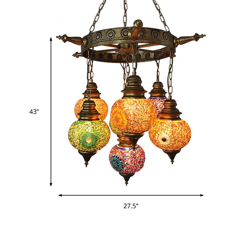 Globe Ceiling Chandelier Retro Colorful Glass 7 Heads Bronze Pendant Lighting Fixture for Living Room