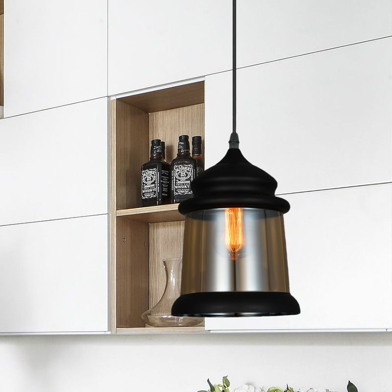 8"/8.5" Wide Cylinder Pendant Lighting Industrial 1 Light Amber Glass Hanging Lamp in Black