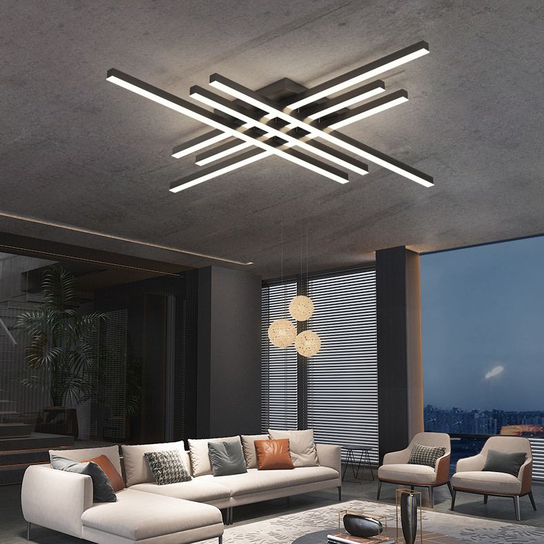 Cross-Cross Semi-Mount Lighting Simplicité Metal Living Room LED Ceiling Flush Light in Black