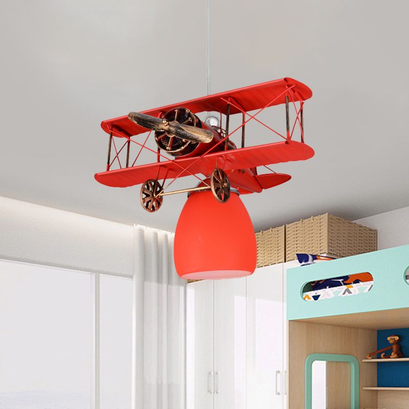 Wright Flyer Aircraft Suspension Light Kids Metal 1 Testa Rossa/Blu/Giallo Accensione a sospensione con tonalità di vetro color cupola inferiore