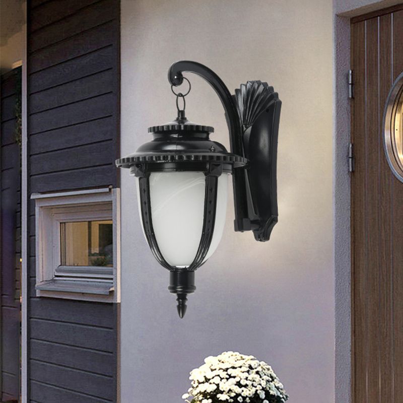 1 Bulb Urn Shape Sconce Lighting Country Black/Bronze White Glass Weather-Resistant Wall Lamp Fixture