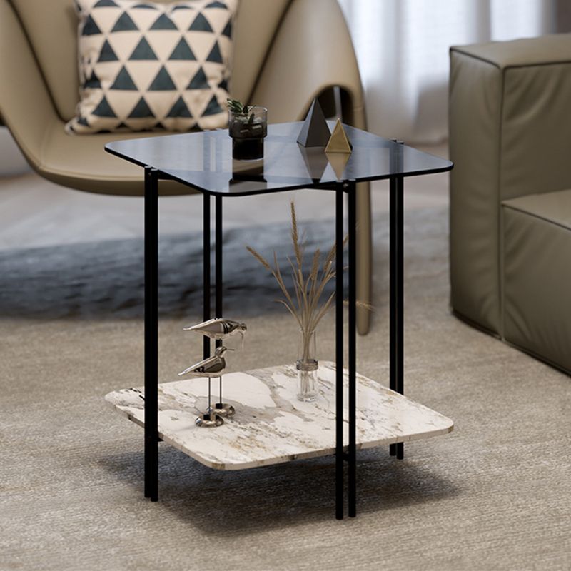 Modern Square Glass Side Table 23.62" Tall 4 Legs Shelf Included End Table