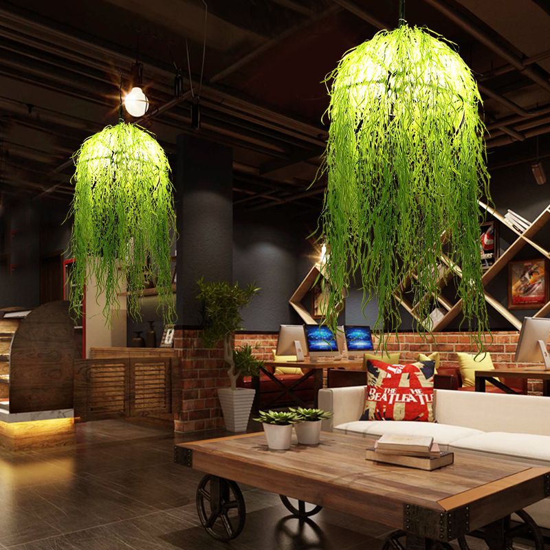 3 Heads Bell Cage Chandelier Industrial Green Metal Hanging Ceiling Light with Wicker Ornament, 18"/21.5" Wide