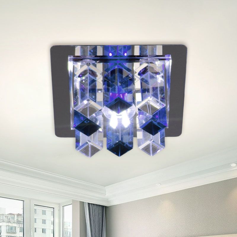 LED Flush Mount Light Minimal Square Blue/Clear/Tan Crystal Block Close to Ceiling Lamp for Hallway