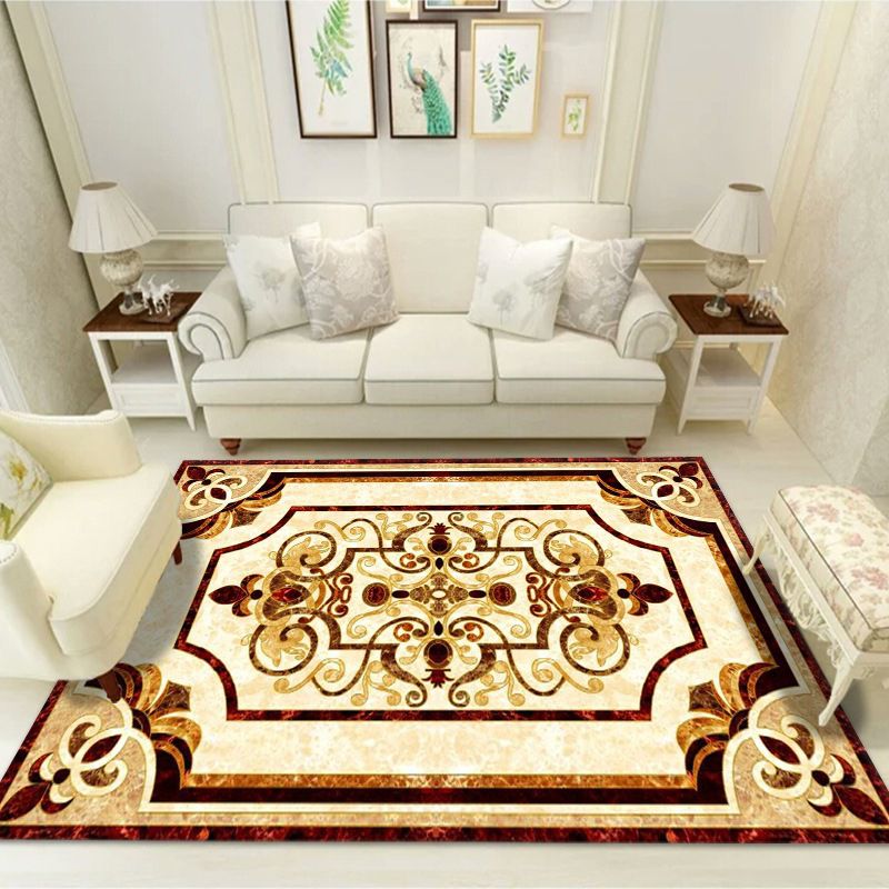 Brown Luxury Rug Polyester Graphic Rug Stain Resistant Rug for Living Room