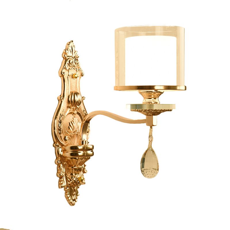 Gold Finish Cylinder Sconce Light Vintage 1/2-Bulb Metal Wall Light Fixture with Double Glass Shade and Crystal Deco