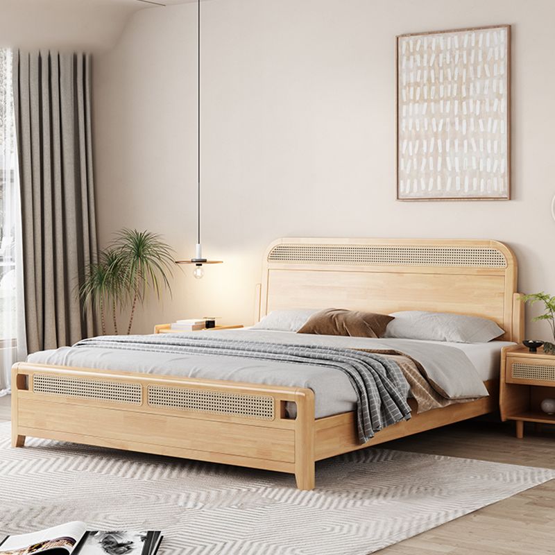 Natural Tropical Standard Bed Rattan and Rubberwood Panel Bed with Headboard