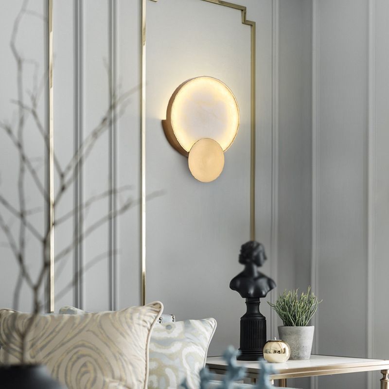 LED Round Wall Sconce Brass & Marble Post Modern Wall Light in Gold