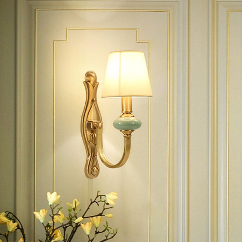 Arc Arm Wall Lighting Simplicity Metal Single Corridor Sconce Light with Cone Fabric Shade in Gold