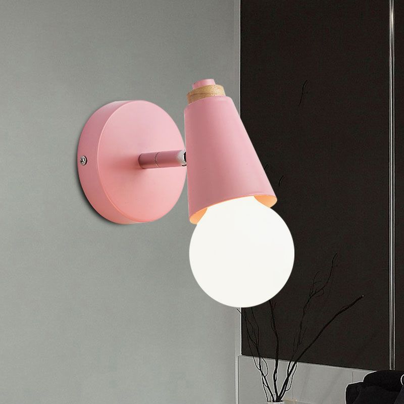 Macaron Loft Sweet Cone Wall Light with Metal/Wood Backplate Rotatable Single Light Wall Lamp in Blue/Green/Pink for Corridor