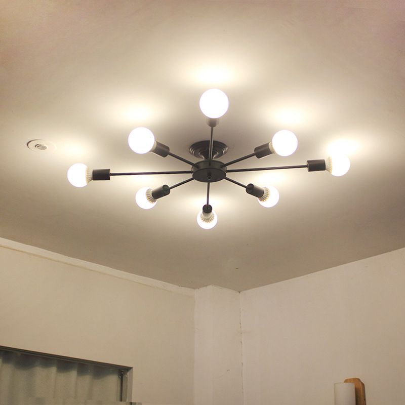 Lámpara de techo negra de 8 luces, estilo industrial retro, hierro Sputnik, montaje semiempotrado para sala de estar