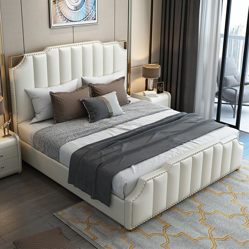 Contemporary Wood and Upholstered Panel Bed with Nailhead Trim