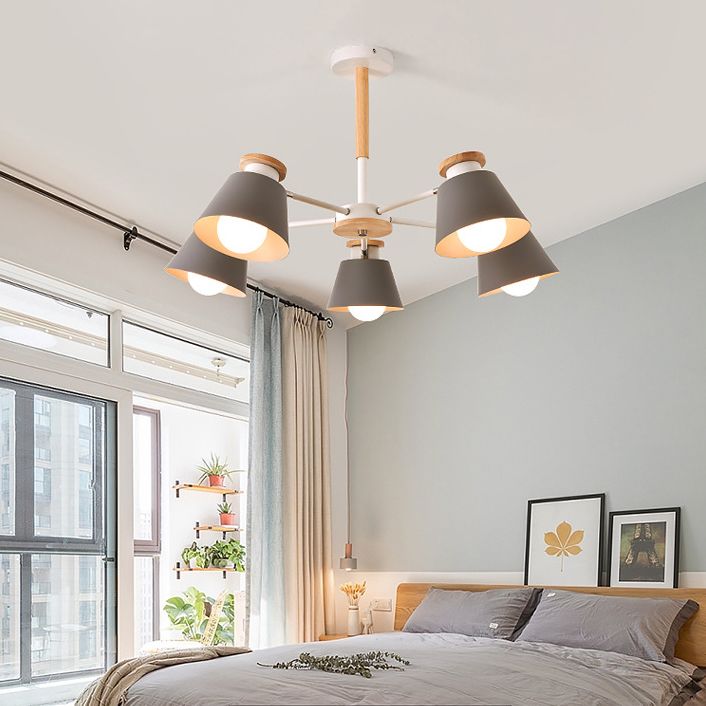 Chandelier intérieur en bois léger géométrique nordique moderne avec nuance en fer forgé