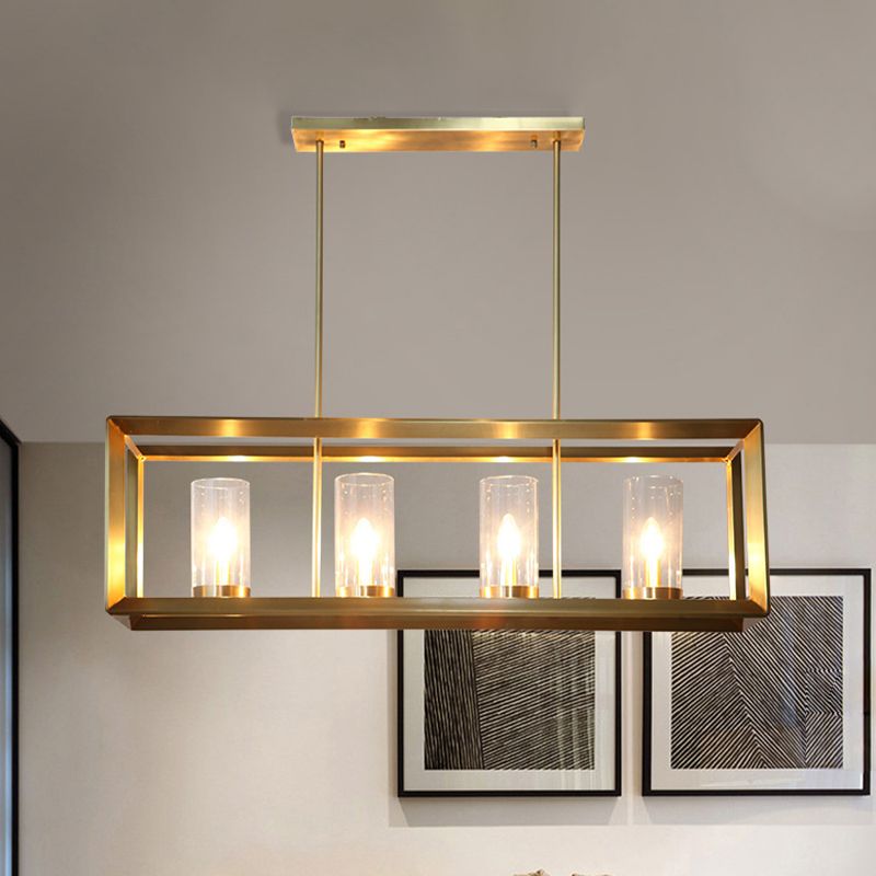 3/4 Bulbs Island Ceiling Light Colonial Cylindrical Clear Glass Suspension Lamp in Gold with Rectangle Metal Cage