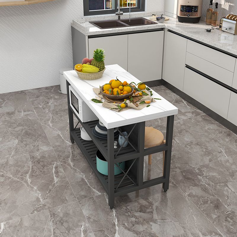 Rolling Kitchen Trolley Cart with Marble/Stone Top and Iron Base Kitchen Cart in Black