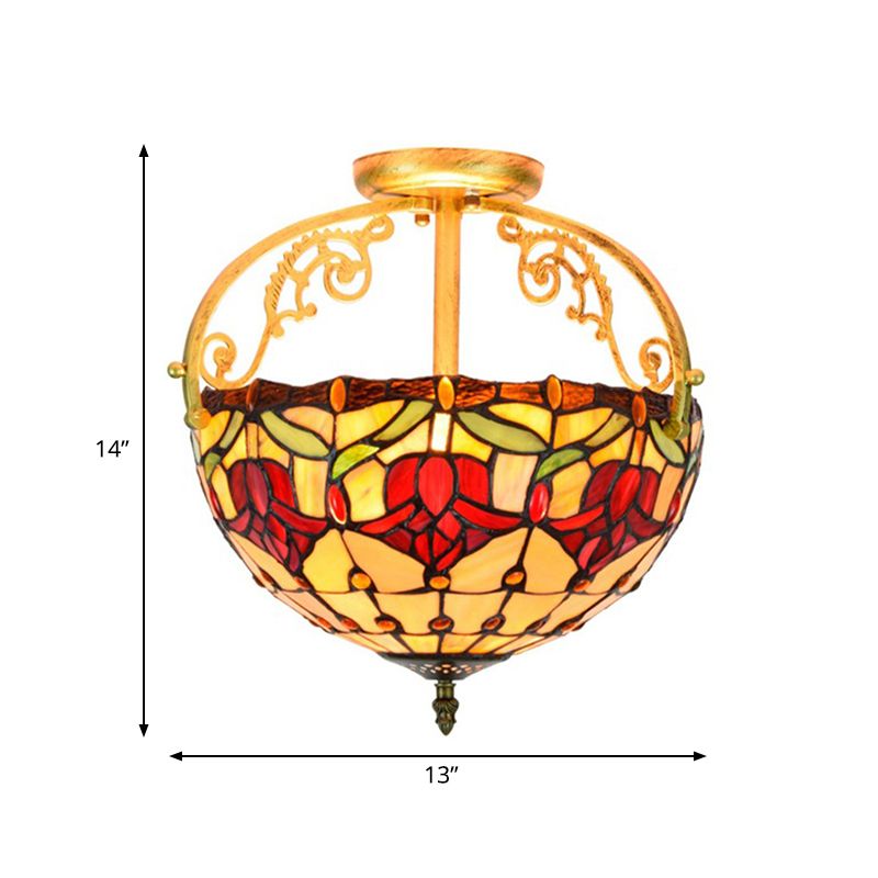 Mediterranean Petal Semi Mount Lighting 2 Lights Stained Art Glass Close to Ceiling Lamp in Yellow