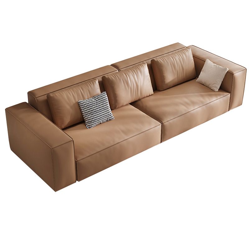 Brown Genuine Leather Square Arm Sofa Modern Style for Bonus Room