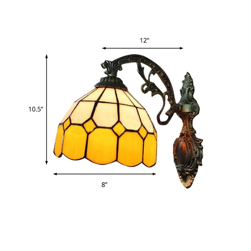 Yellow Dome Wall Mount Lighting Tiffany Style 1 Light Wall Sconce Lamp with Curved Arm