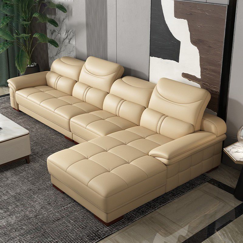 38"H Contemporary Sectional Sofa Beige Leather Tufted Sectional
