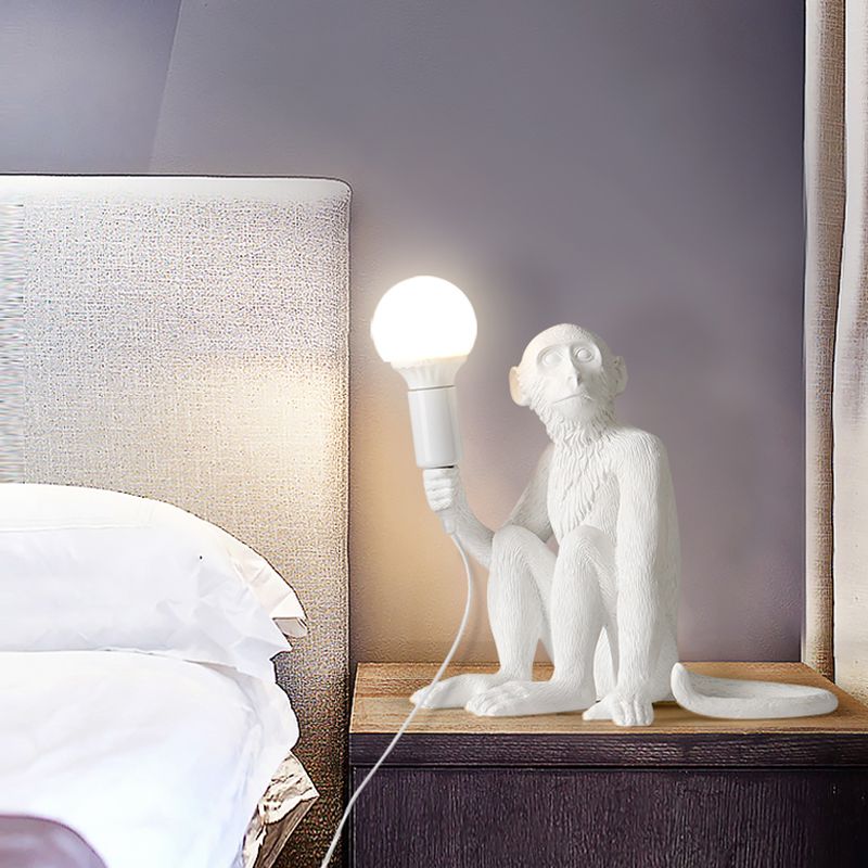 White Monkey Table Lamp Art Deco 1-Head Resin Nightstand Light with Shadeless Design