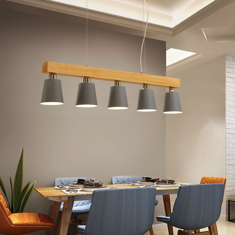 Linear Wooden Island Light Fixture Nordic Suspension Light with Tapered Metal Shade