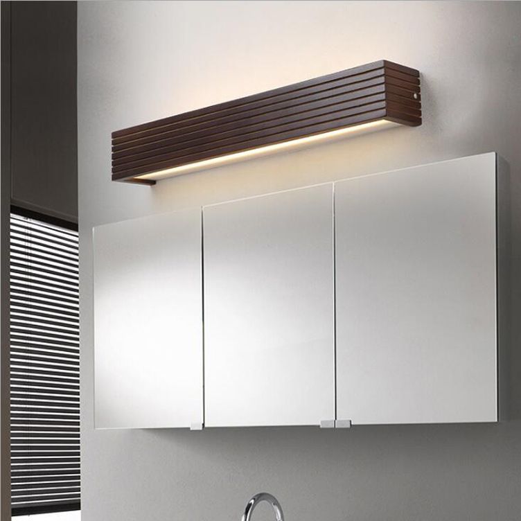 Linear Shade Wood Wall Sconce Modern 1-Light Mirror Wall Lighting Fixtures in Brown