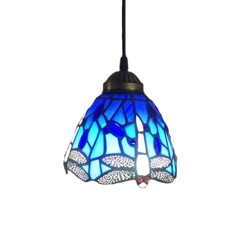 Traditional Classic Dragonfly Hanging Light Stained Glass 1 Head Blue Small Pendant Light for Bar