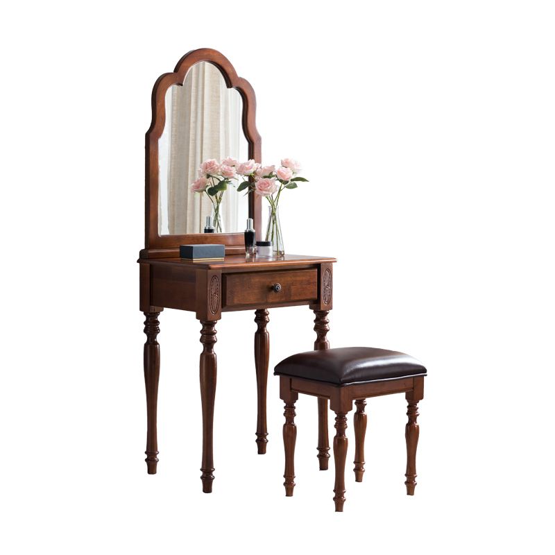 23.6" W Wood Vanity Table 1-Drawer Vanity Makeup Table Set with Mirror & Stool