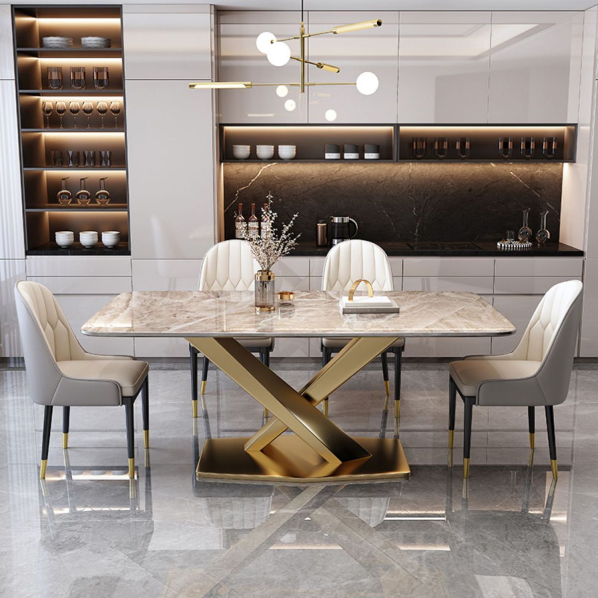 Sintered Stone Modern Dining Room Set with Rectangle Table and Metal Base Dining Set