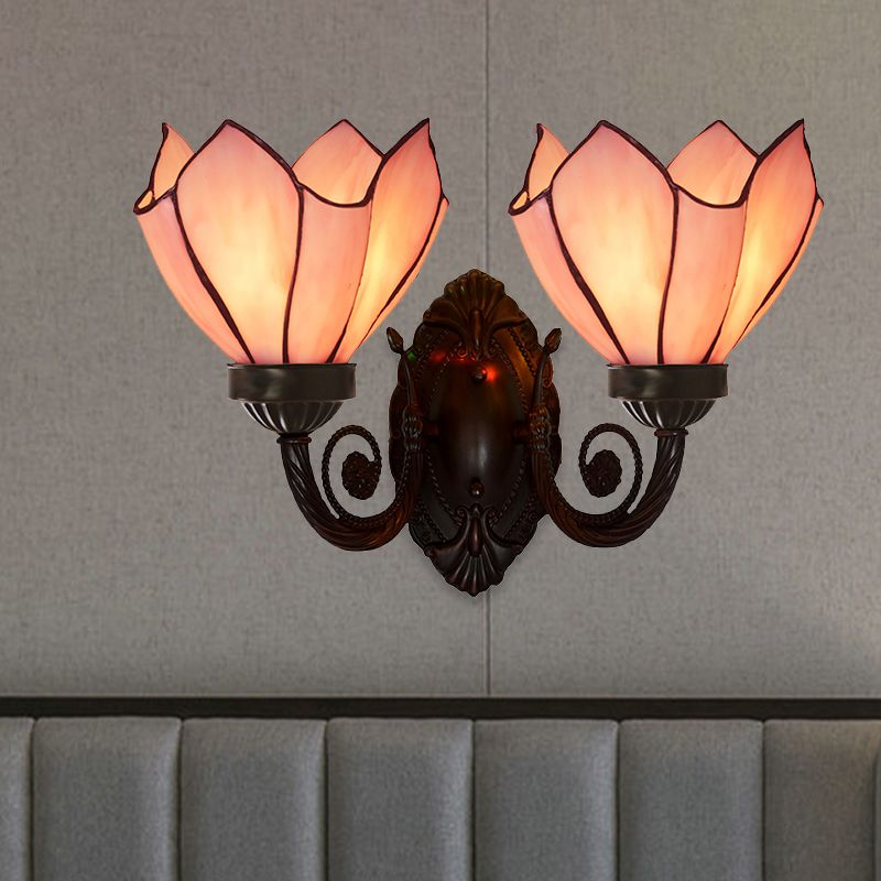 Petal Wall Sconce 2 Lights White/Pink Glass Mediterranean Wall Lighting Fixture with Swirl Arm for Living Room