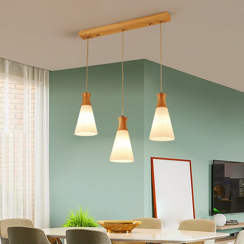 Nordic 3 Lights Pendant Wood Geometric Hanging Light Fixture with White Glass Shade