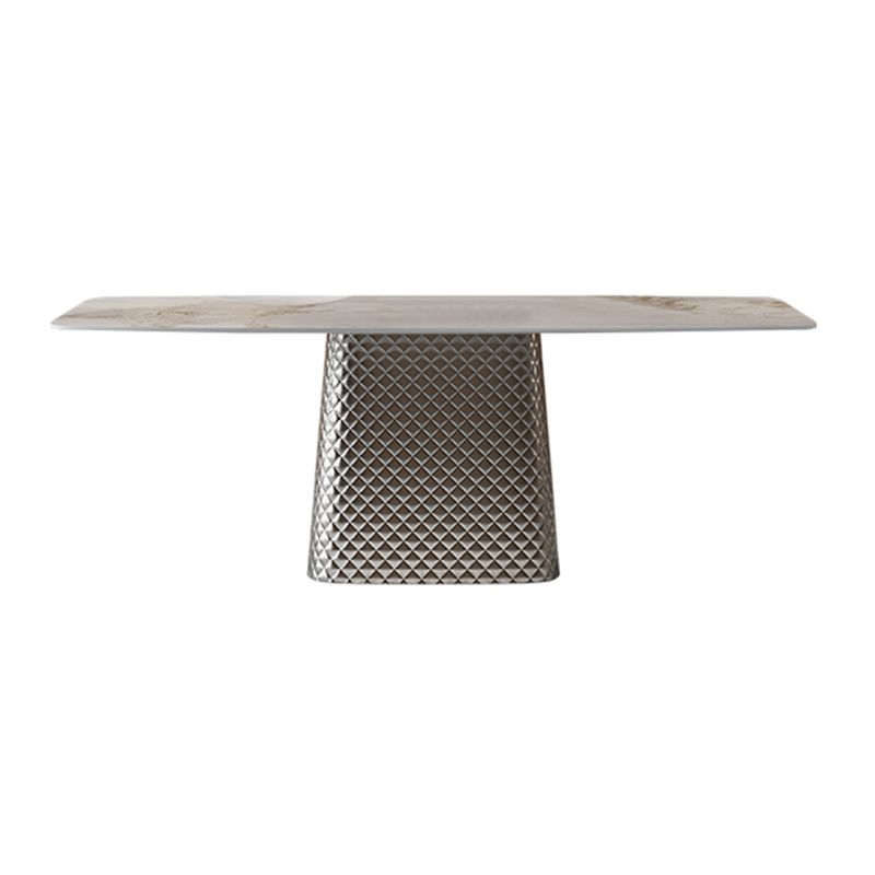 Modern White Rectangular Stone Top Dining Table with Silver Pedestal